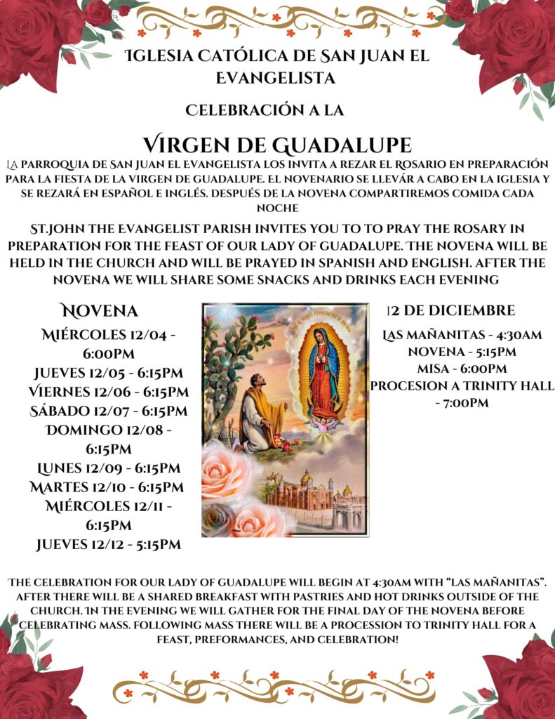 Join us for the Feast of Our Lady of Guadalupe Novena, Mass, and Celebrations.