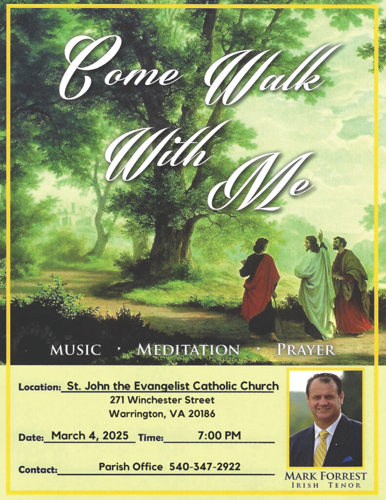 Come Walk with Me, music meditation prayer, with Irish Tenor Mark Forrest on March 4, 2025, at 7 PM